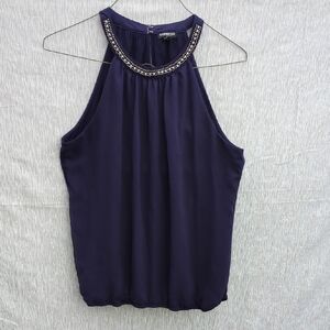 Express sheath dress halter top featuring a jeweled collar, navy blue, Large